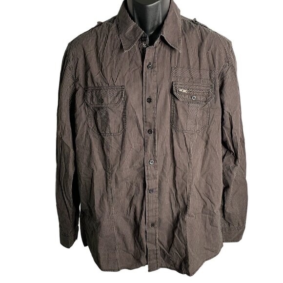 Eighty Eight Button Up Long Sleeve Shirt L Black Tan Striped Pockets Collar Zip - Picture 1 of 6